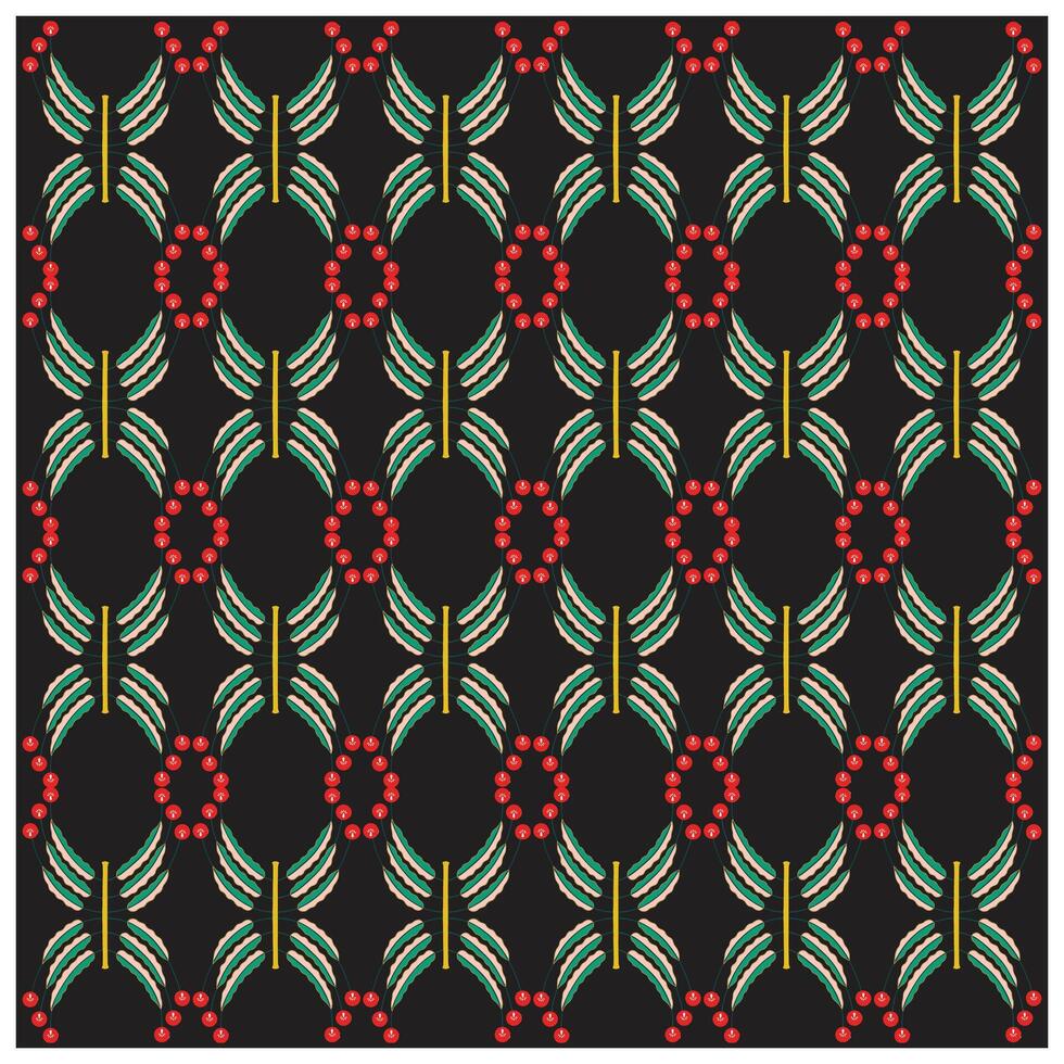 An artistic pattern of red and green leaves over a black surface, emphasizing the boldness and beauty of the foliage. vector