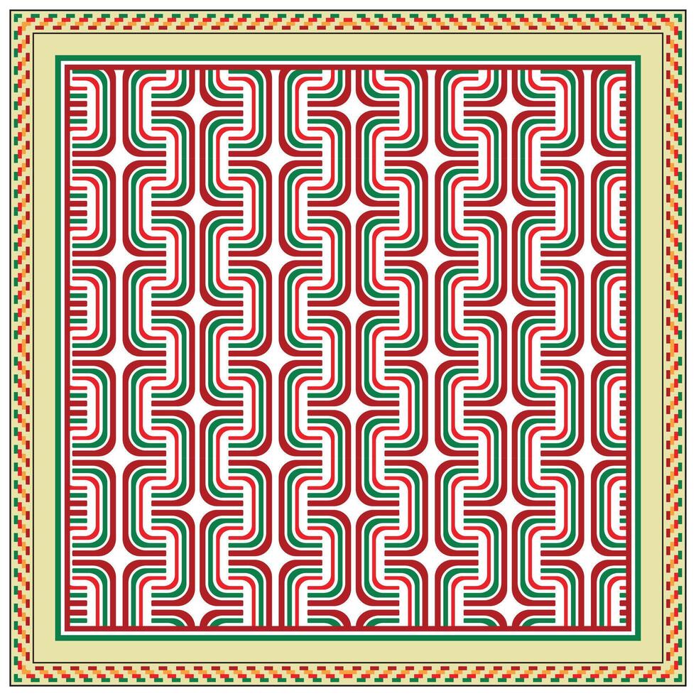 Square abstract print scarf Red, white, and green wavy geometric pattern with a decorative border. vector