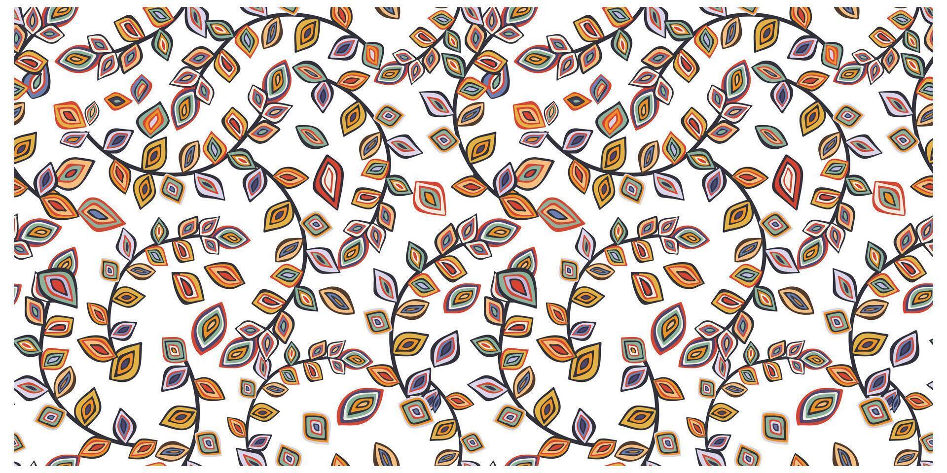 A decorative pattern of multicolored leaves arranged on a pristine white surface. vector
