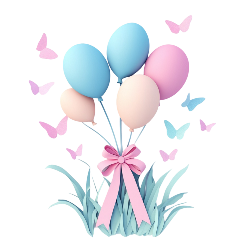 Balloons with Blue and Pink Ribbons on Grass with Butterflies png