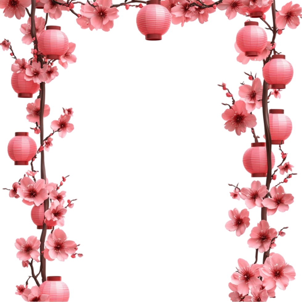 Frame with Pink Flowers and Lanterns png