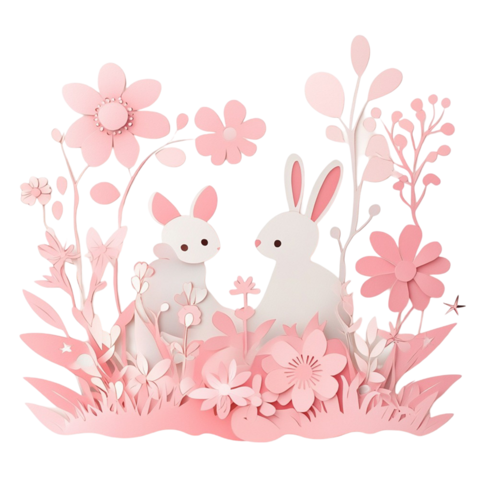 Paper Art Easter Bunny with Flowers and Grass png