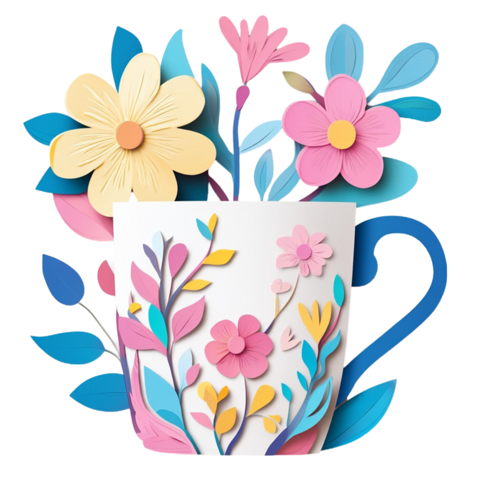 Cup with Flowers and Leaves on Transparent Background png