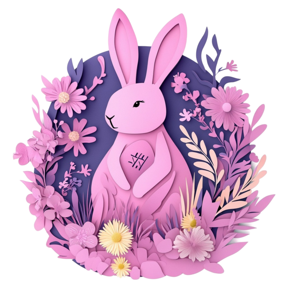 Pink Rabbit in the Middle of Flowers and Plants png