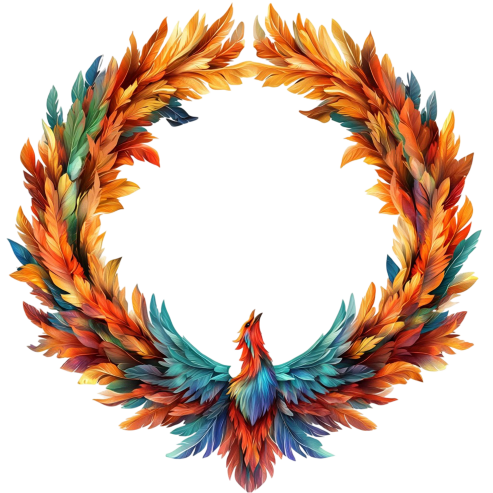 Colorful Bird in a Wreath Shape with Leaves and Feathers png