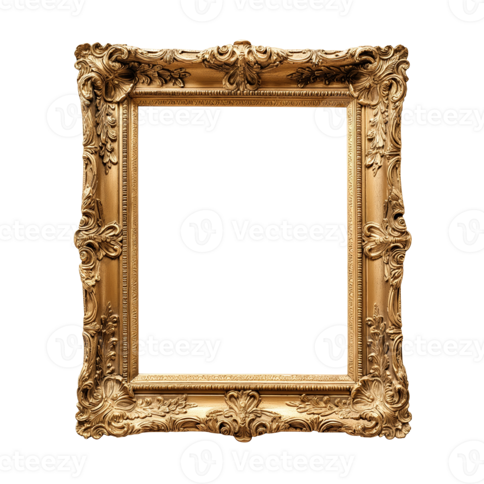 Empty ornate golden picture frame in classic style with intricate floral patterns png