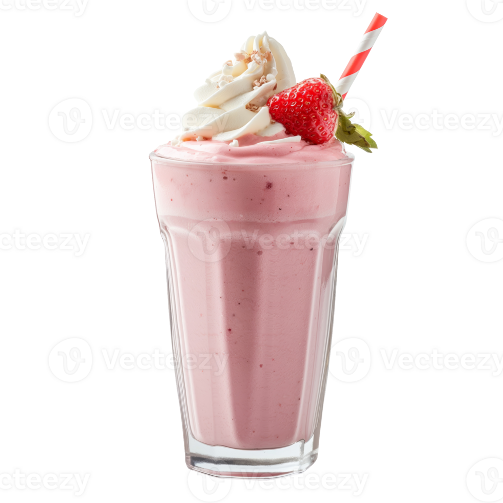 Strawberry milkshake with whipped cream and fresh strawberry in glass with striped straw png