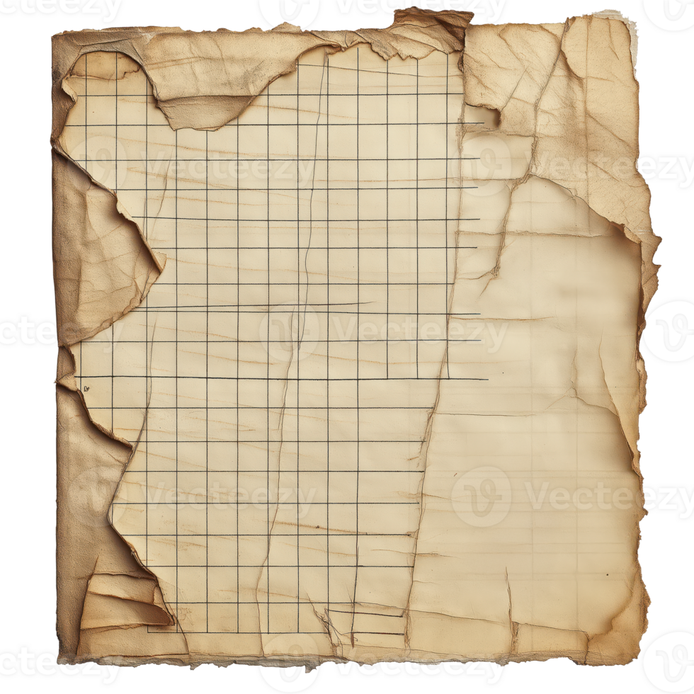 Vintage burnt graph paper texture with grid lines and weathered edges png