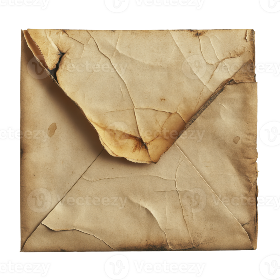 Aged vintage envelope with crumpled edges and textured paper design png