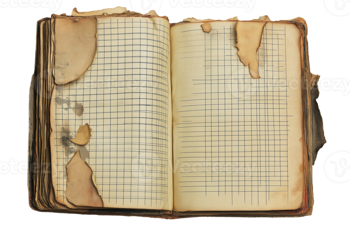 Weathered vintage notebook with grid paper showing signs of age and wear png