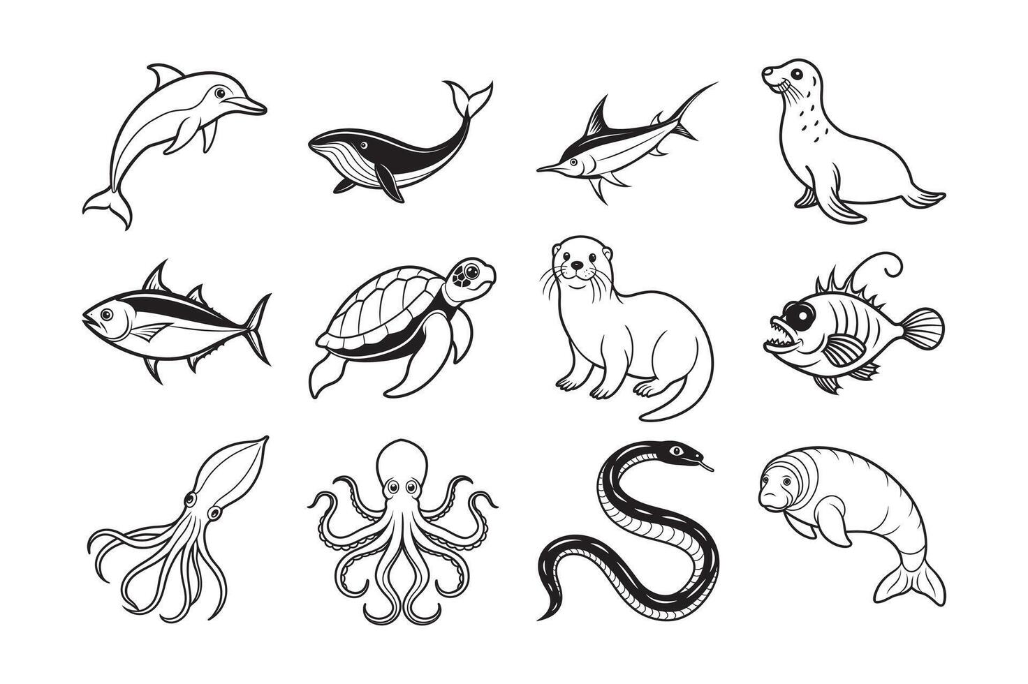 Sea animals outline illustration set vector