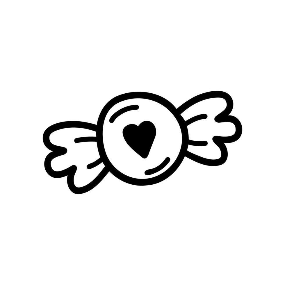 Candy in a heart wrapper in doodle style. Picture for sweets and snack illustration, holiday and baby design. Black and white simple illustration. stock image isolated on white vector