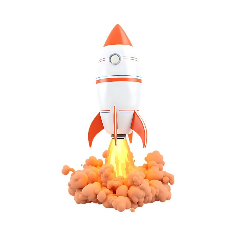 Rocket launch with orange smoke and flames creating a dynamic display in a bright environment png