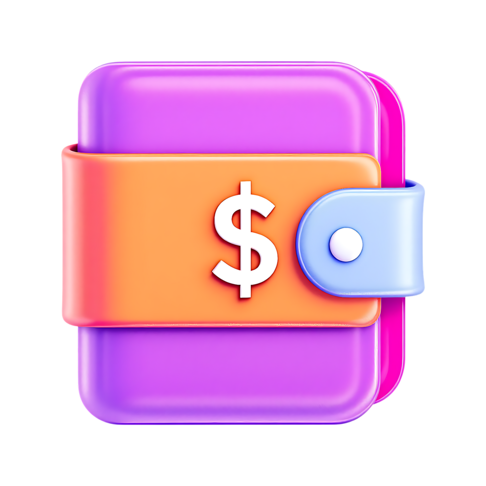 A 3D square-shaped wallet icon with a purple and orange png