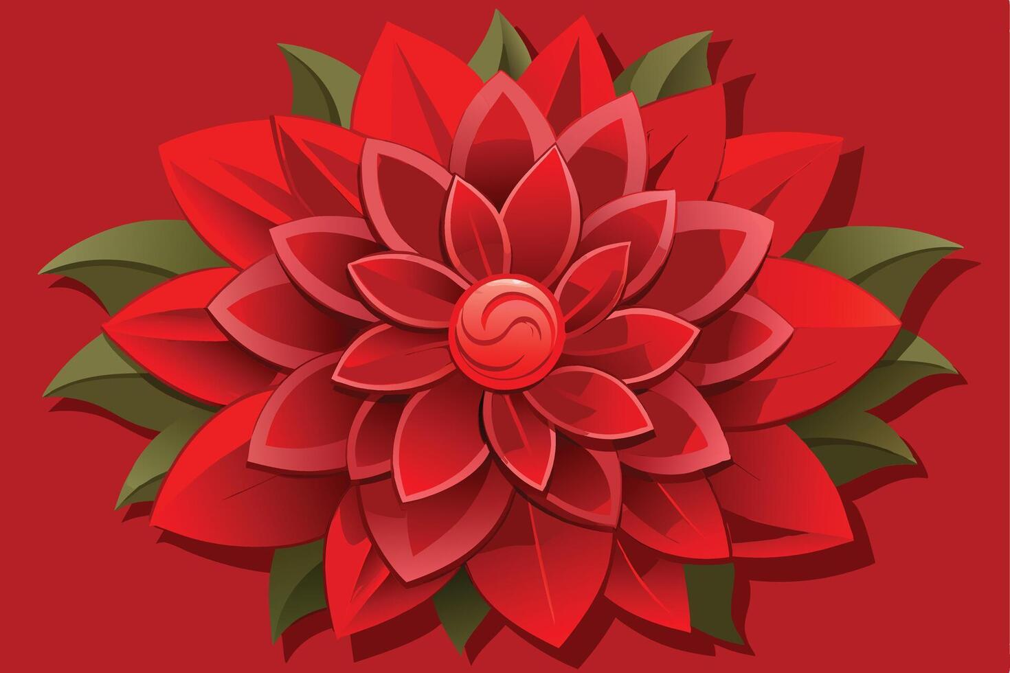 Red Flower Illustration Petals, Center, Leaves, Design, Art, Graphic Festive, Bloom, Holiday, Image. vector
