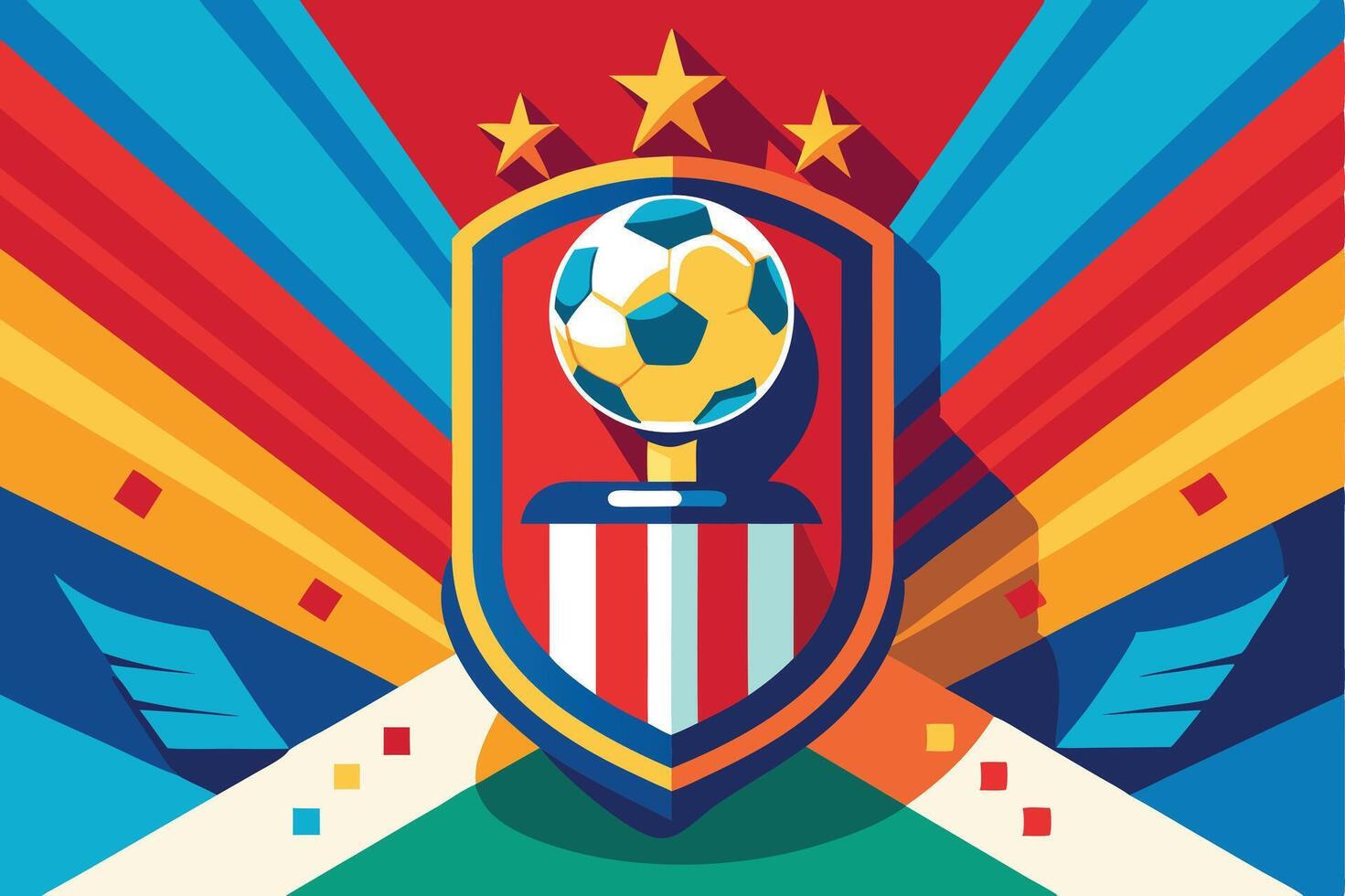 Soccer Championship Trophy Shield Design, Colorful Stripes, Stars. vector