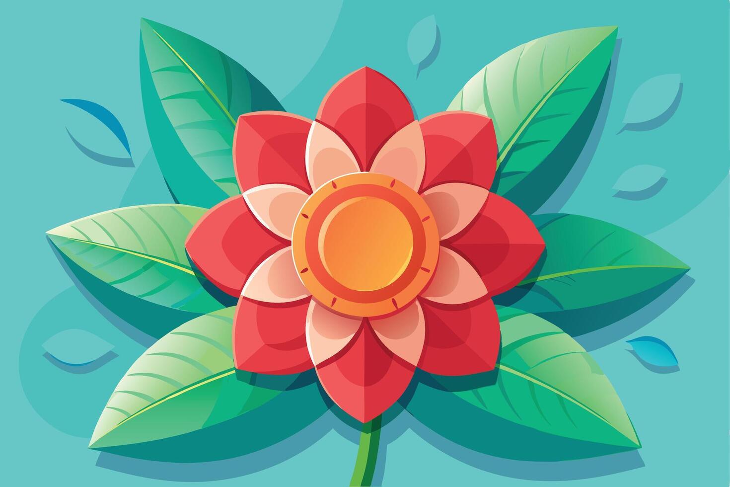 Vibrant Red Flower Bloom with Lush Green Leaves Illustration. vector