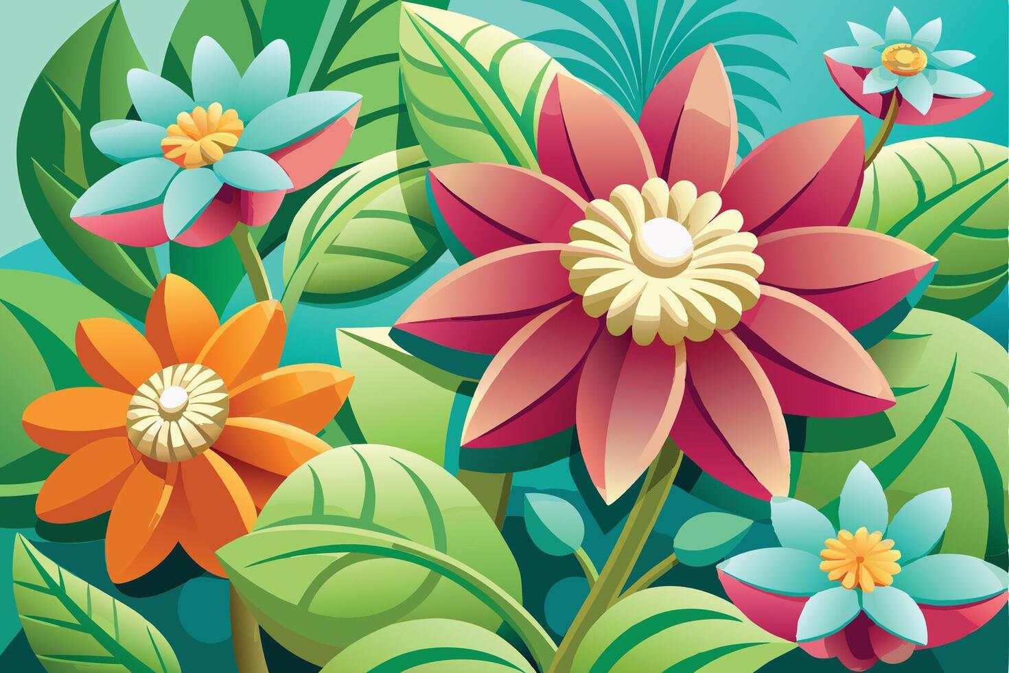 Vibrant Tropical Flowers, Lush Green Leaves, Colorful Botanical Art. vector