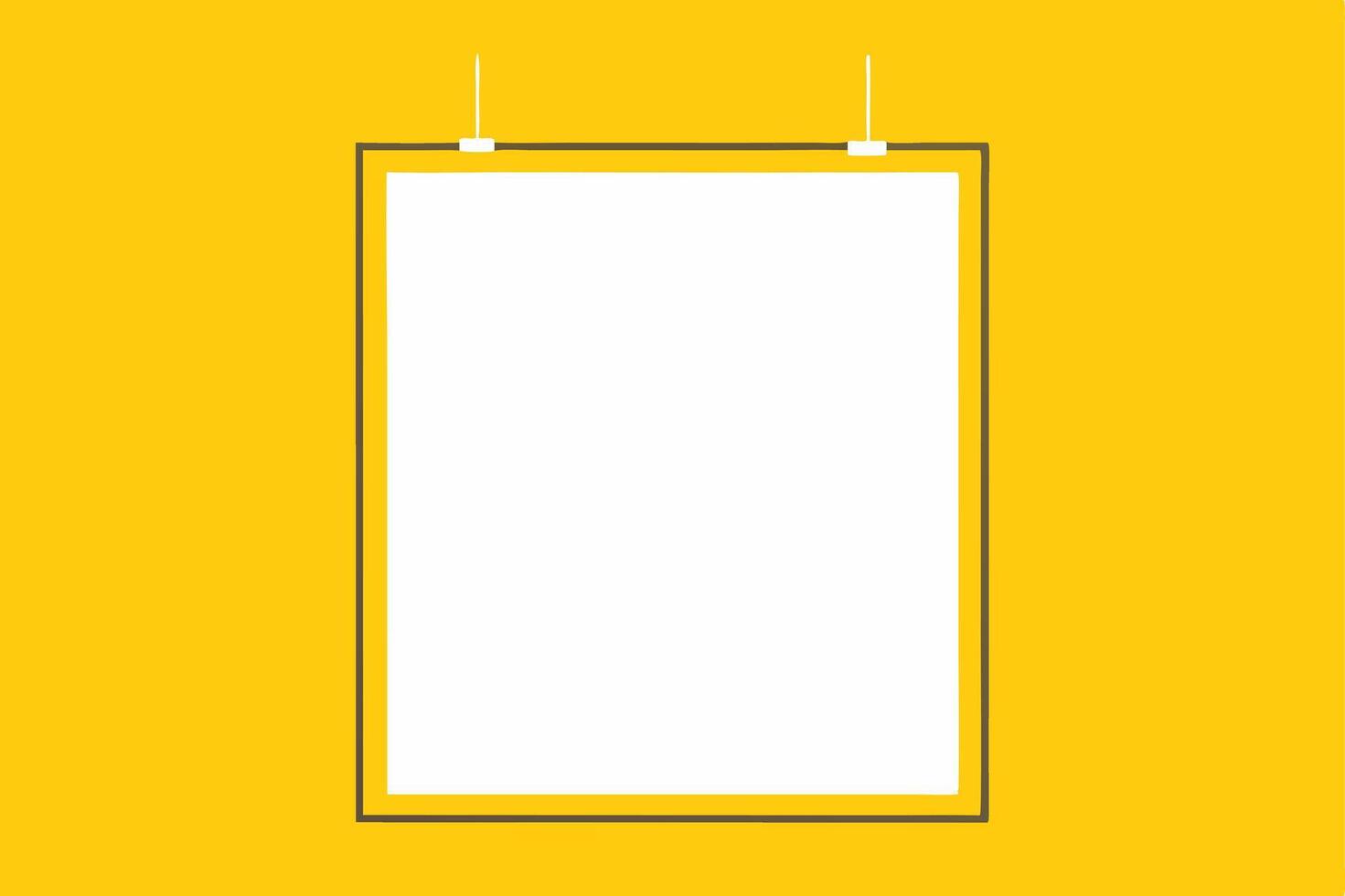 Blank White Poster Mockup, Yellow Background, Simple Frame, Hanging Pins, Advertisement Design, Temp. vector