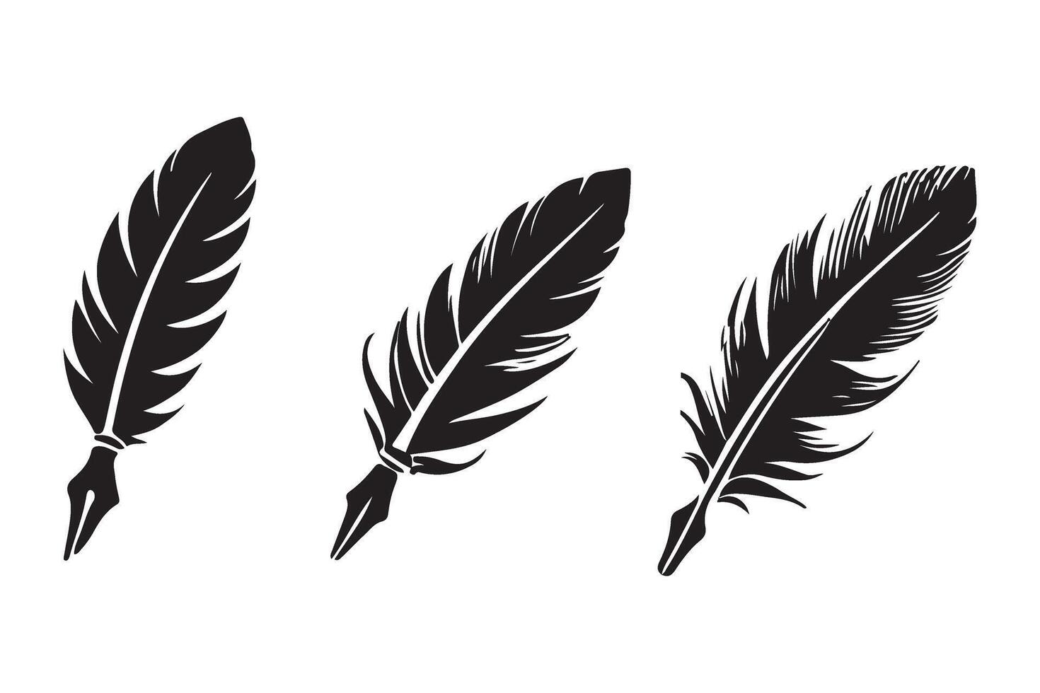 Set of Three Quill Pen Silhouette Illustrations with Feathers vector