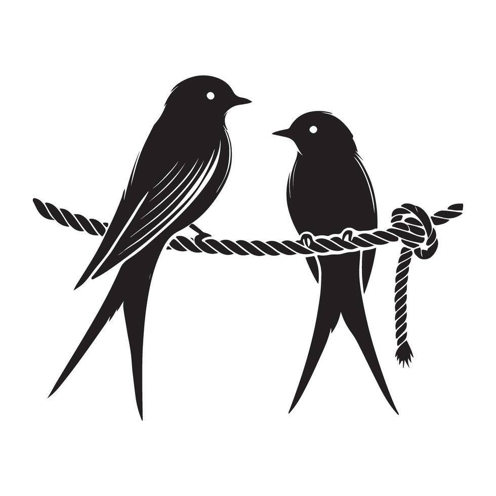 Romantic Birds Silhouette Perched on Rope Illustration vector