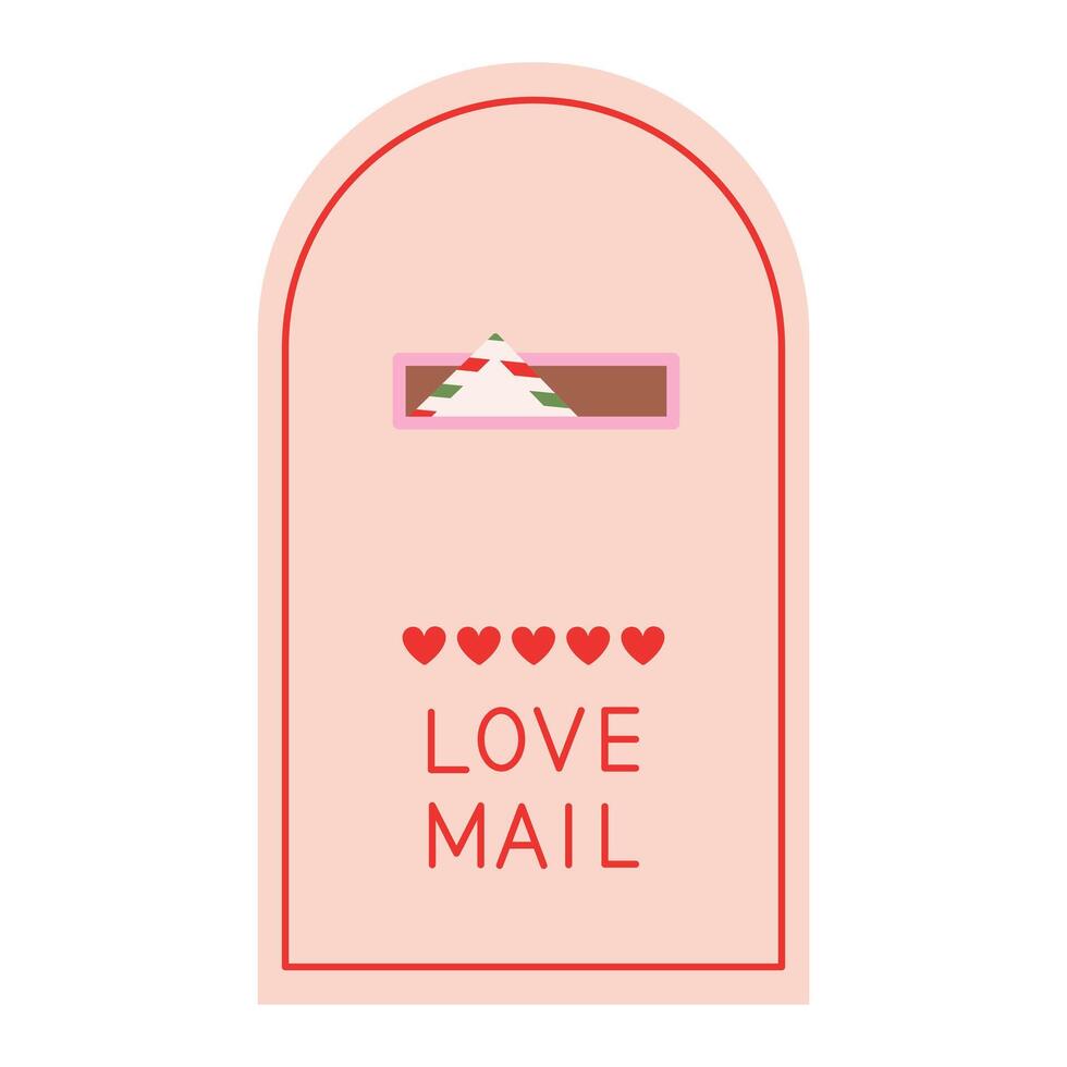 Love mailbox with envelope inside. Traditional beige post box with hearts. Romantic letters delivery. Valentines day message. Flat illustration isolated on white background vector