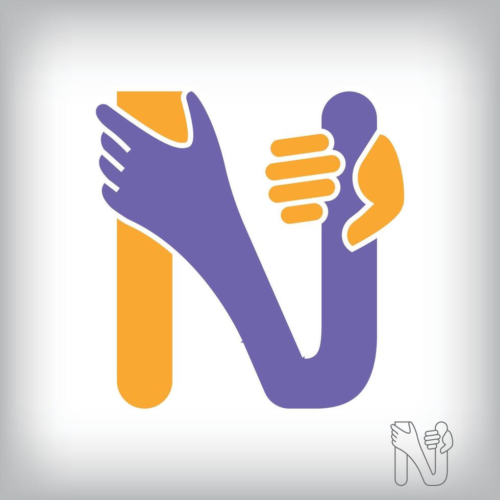 Unique handshake letter N design logo. Collaboration, help, agreement and teamwork corporate company design. vector