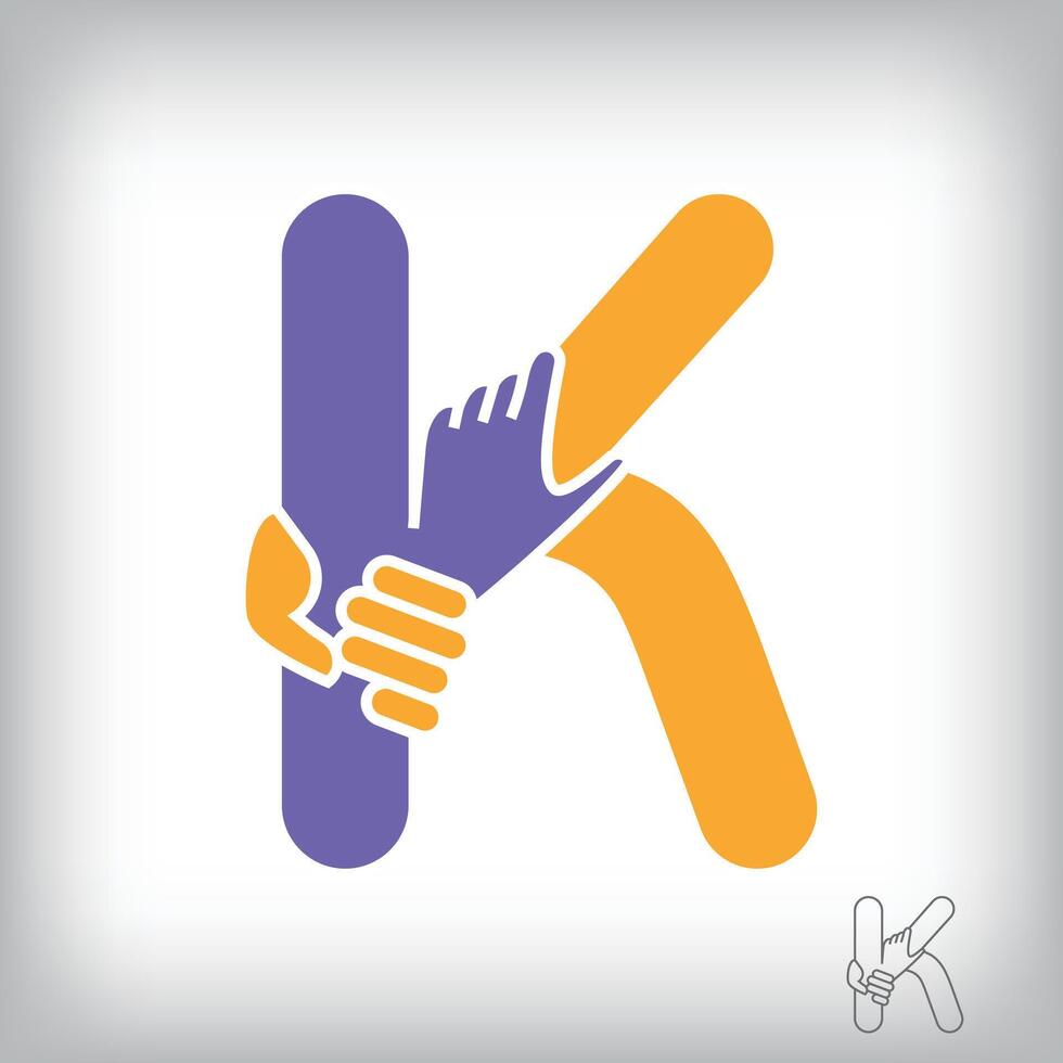 Unique handshake letter K design logo. Collaboration, help, agreement and teamwork corporate company design. vector