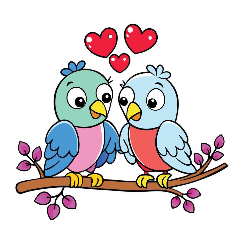 two cartoon birds on a branch with hearts vector