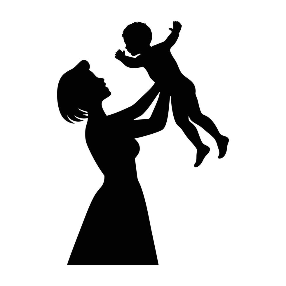 silhouette of a woman holding a baby in the air. vector