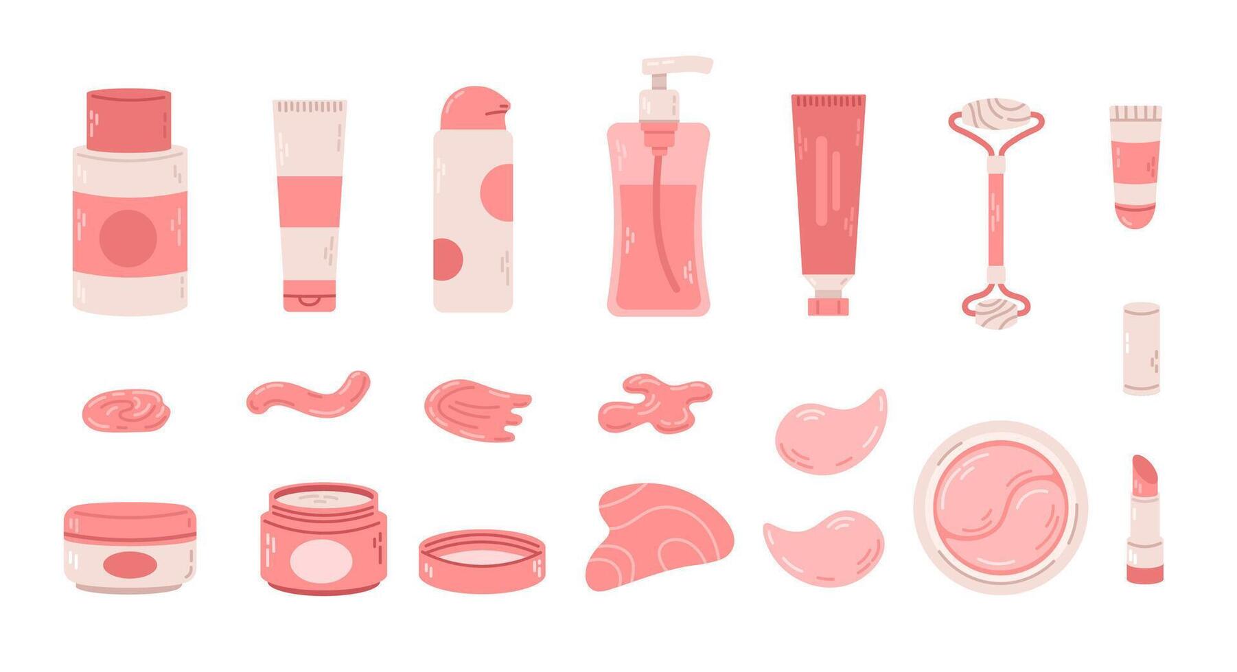 Pink Skincare element collection. Set of pink cosmetic products on a white background. Flat illustration. vector