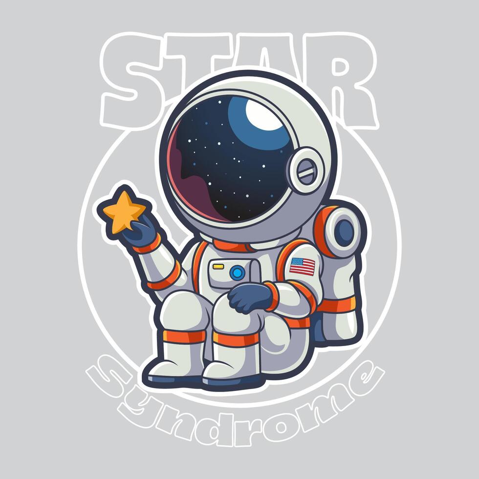 Cute little astronaut cartoon holding a star above the moon vector