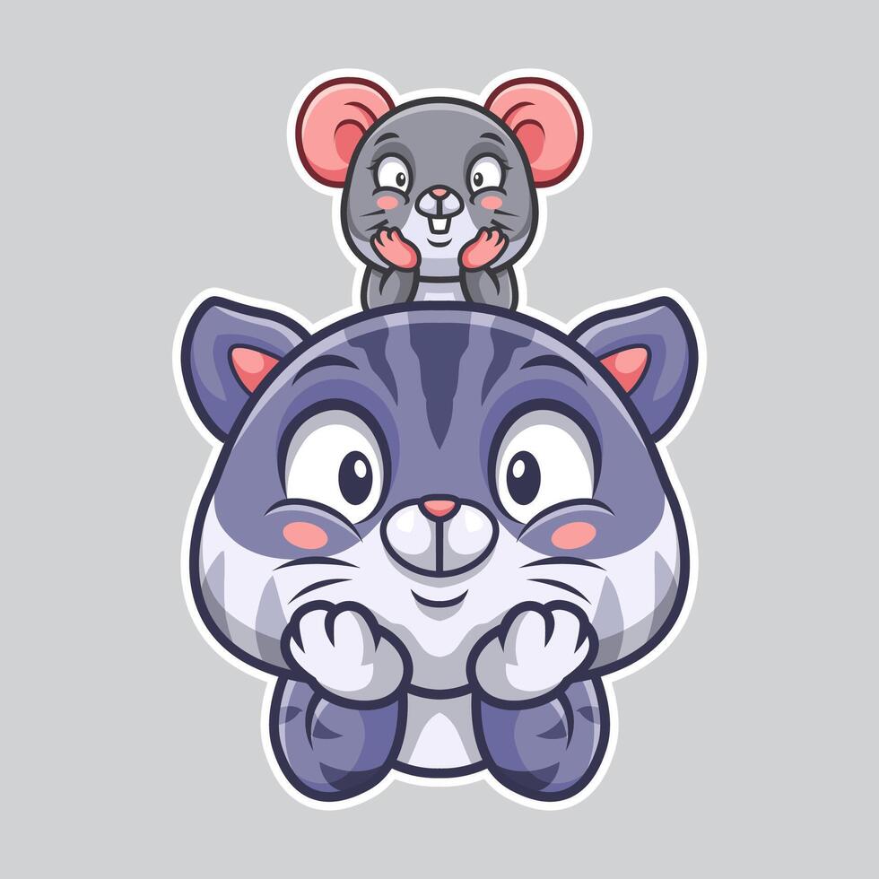 Cartoon mouse and cat are sitting on their hands vector