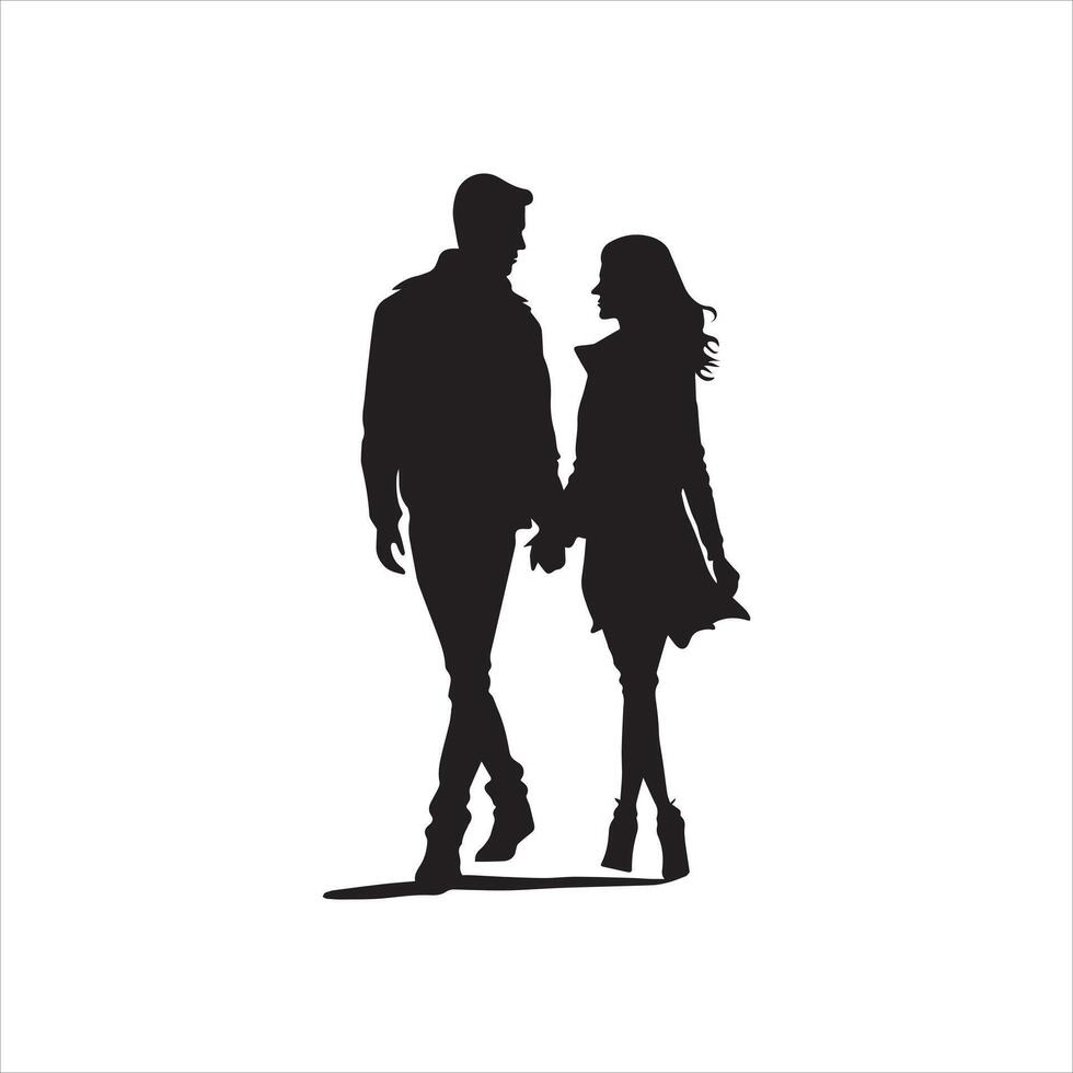 Minimalist Valentine Silhouette of a Romantic Couple Walking Together Hand in Hand in Profile View Symbolizing Love Unity and Connection in Elegant Black and White Art vector