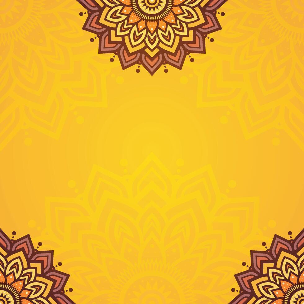 Elegant Warm Mandala Pattern in Corners With Intricate Floral Style on a Vibrant Yellow Square Background vector