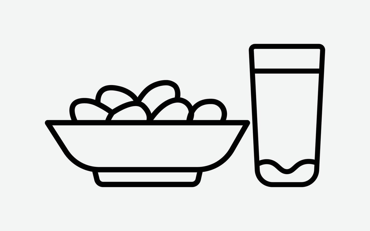A minimalist line art of a bowl of dates and a glass of water, symbolizing the traditional iftar meal during Ramadan. Ramadan Mubarak. vector