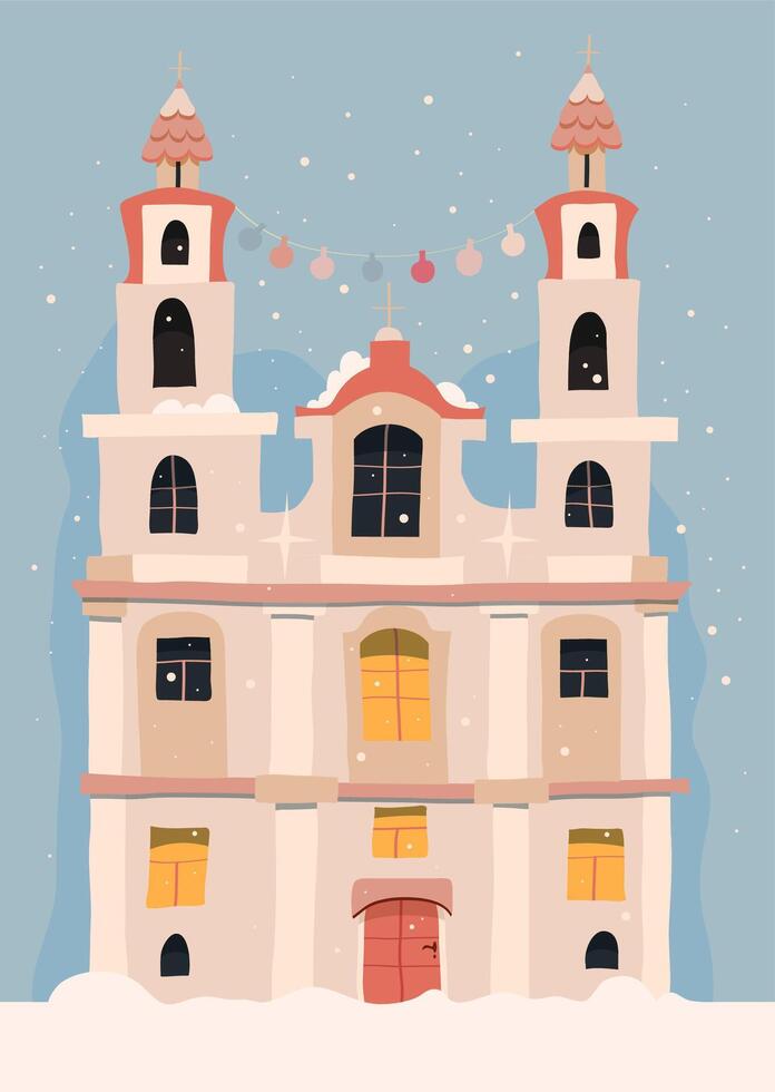 New Year Card with Church, winter Church Decorated Garland vector