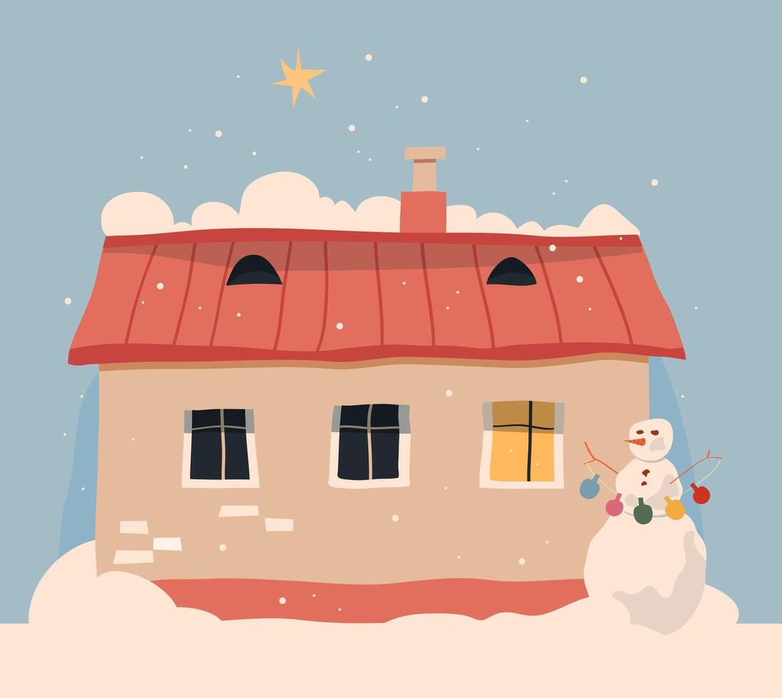 Christmas house with snowman on the background of sky and snow vector