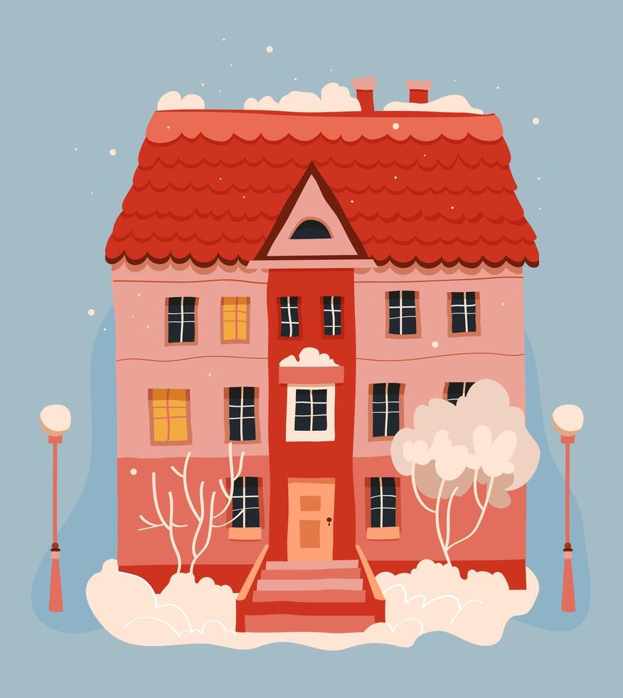 A whimsical illustration of a charming home blanketed in snow, surrounded by trees and street lamps vector