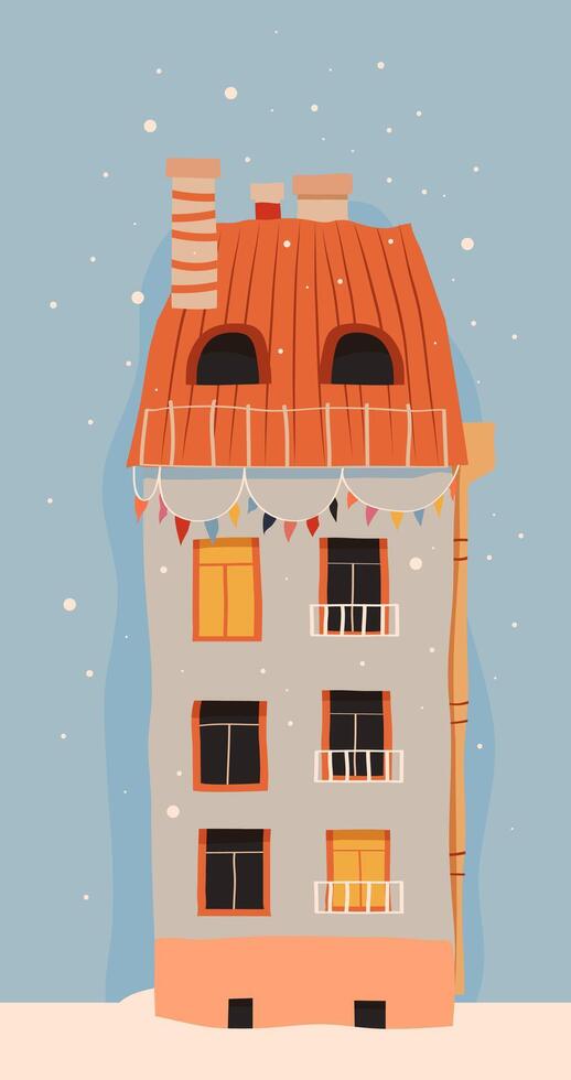 Decorated winter house, House in the snow stands against the background of sky and snowflakes, vintage house vector