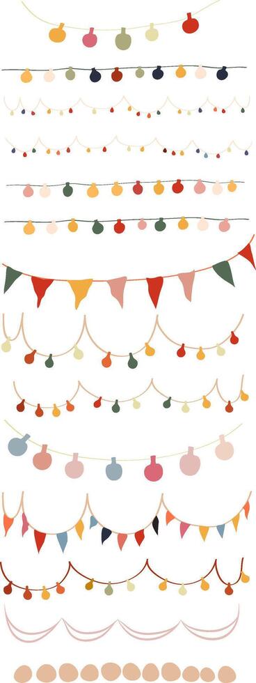 A set of Christmas and holiday decorations, Christmas Lights Set, Christmas Lanterns, Decorative Flags for Holiday, Holiday Lights and Lanterns, New Year Pendants and Patterns vector