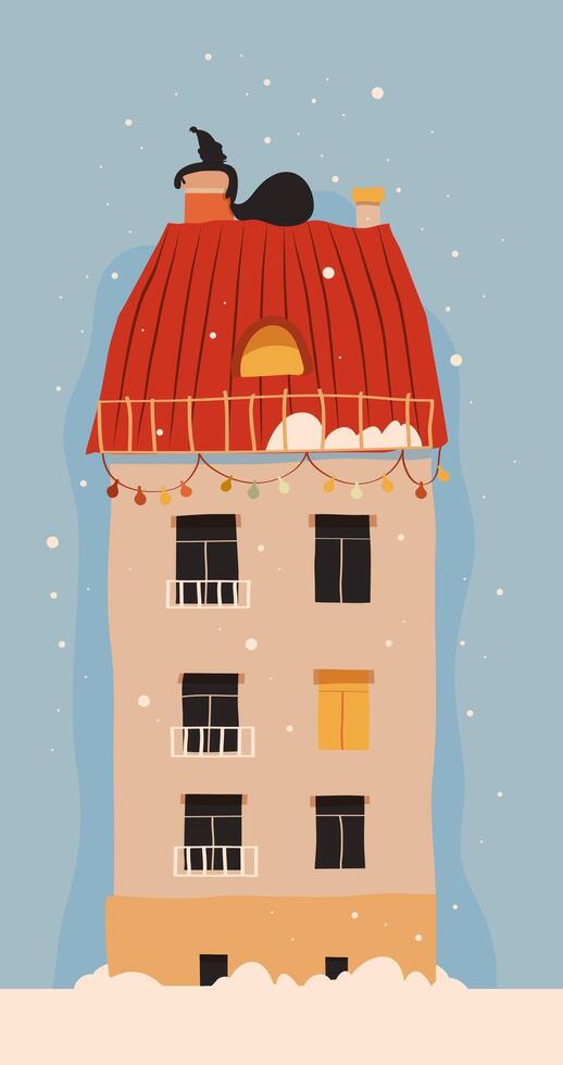 Decorated winter house, House in the snow stands against the background of sky and snowflakes, retro house vector