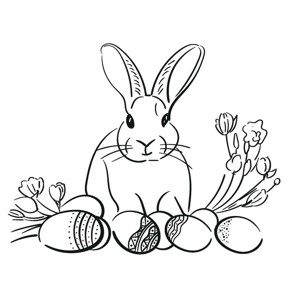 Easter bunny and eggs, line drawing. Easter illustration with a bunny. sketch of rabbit in black line isolated from the background vector