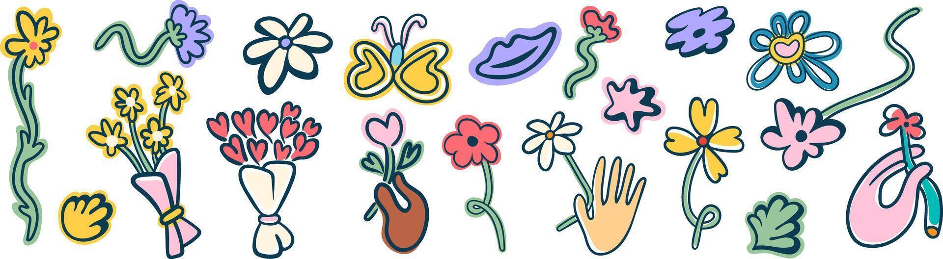 big set of hearts flowers and flower in hands vector