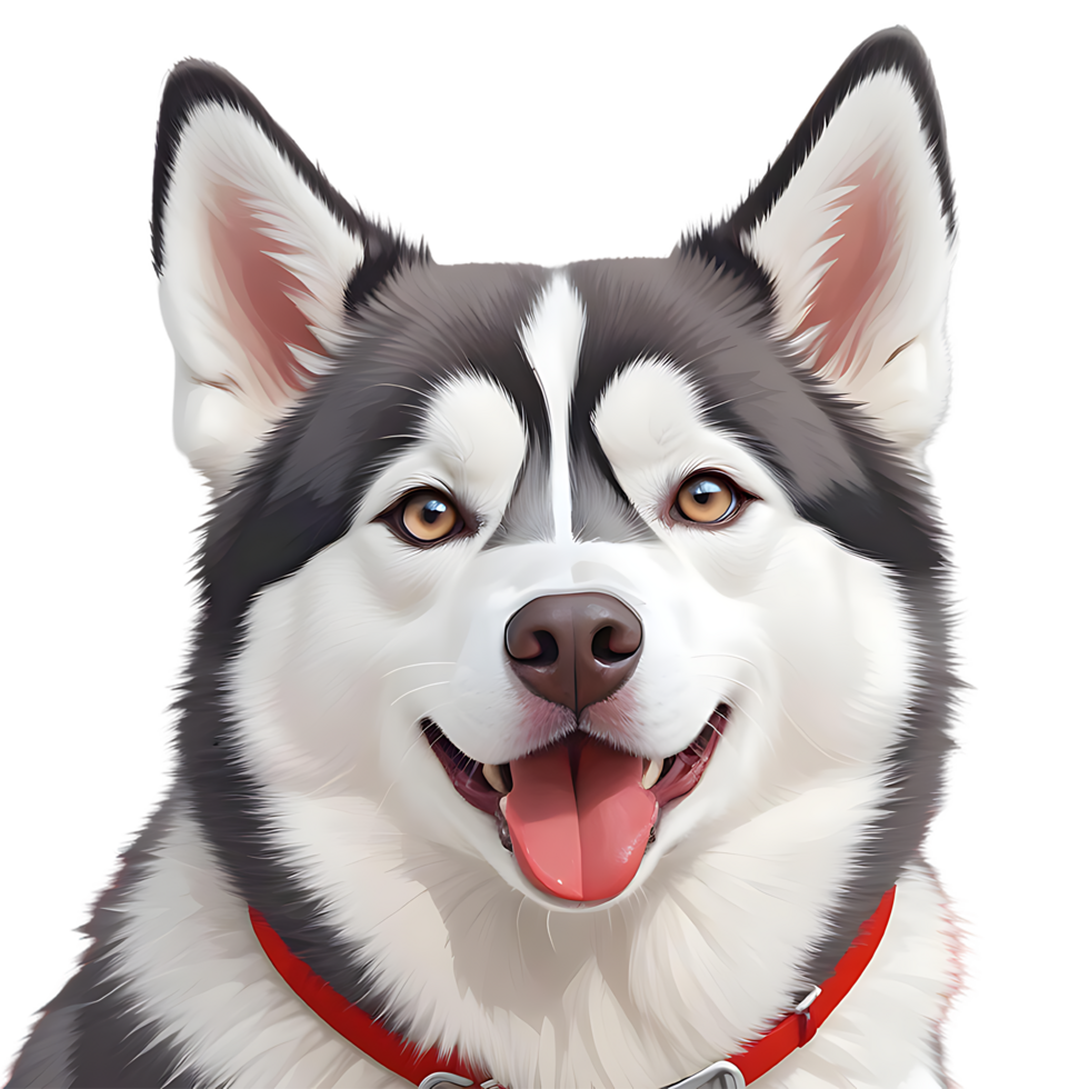 A close-up portrait of a Siberian Husky with a happy expression, bright brown eyes, and a red collar png