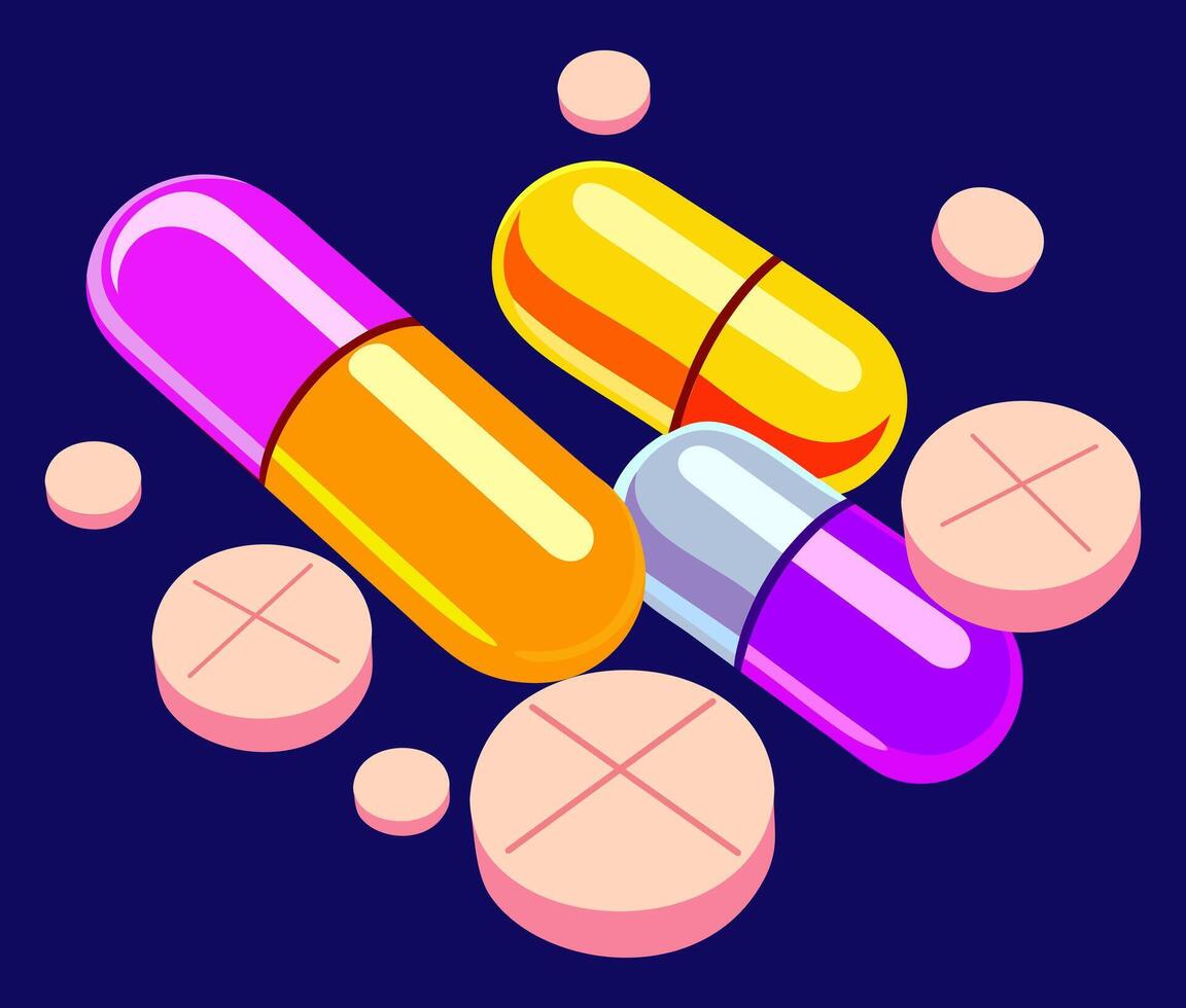 Bright medical pills and capsules on blue background vector