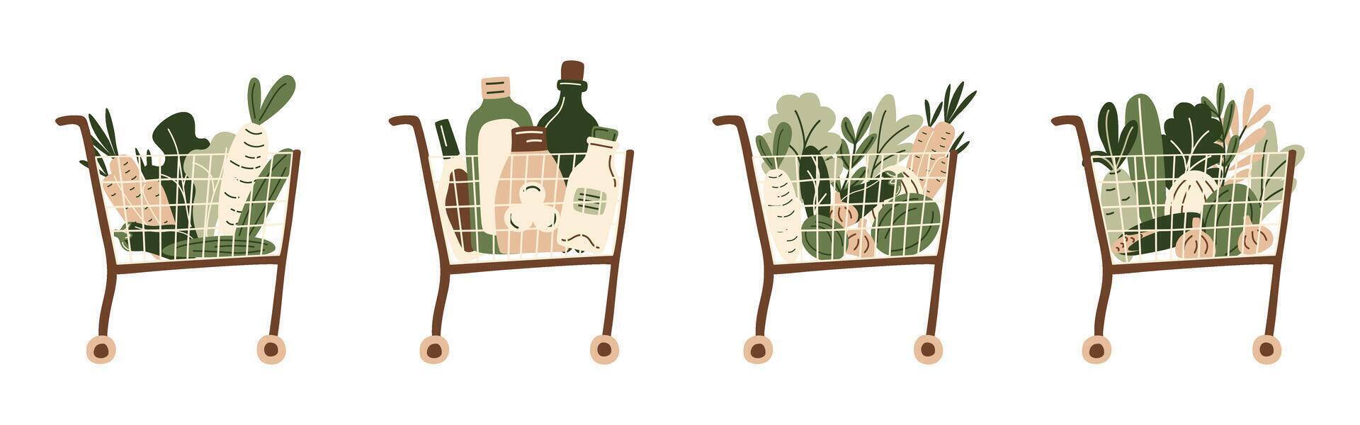 Shopping basket and trolley of food from grocery purchases from shop, supermarket or farmer market. Vegetables, greens and zero-waste packaging. Eco-friendly illustration in organic flat style. vector