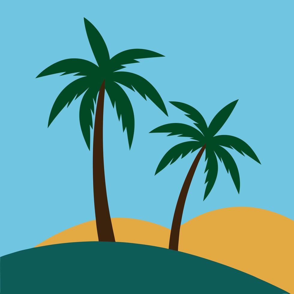 Two palm trees on either side and a hill in the middle vector