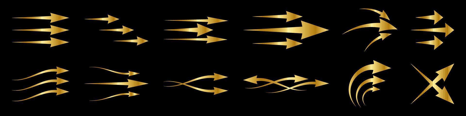 Set of different golden arrows showing air flow. Arrow mark icons set. Arrow sign for business and decoration vector