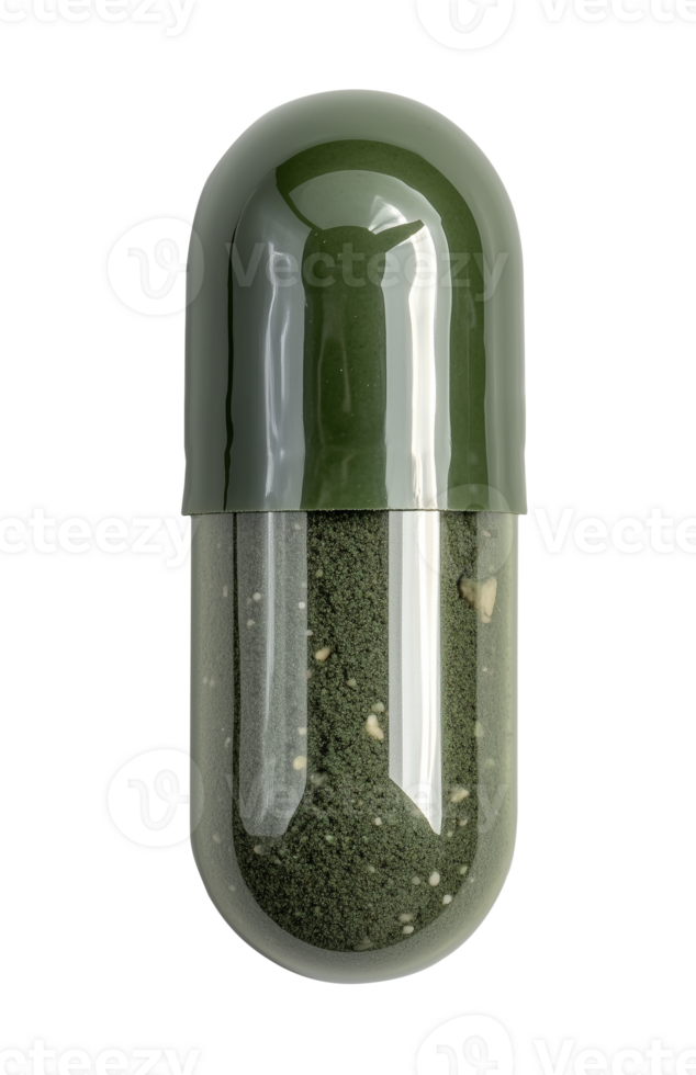 green capsule with a green powder inside png